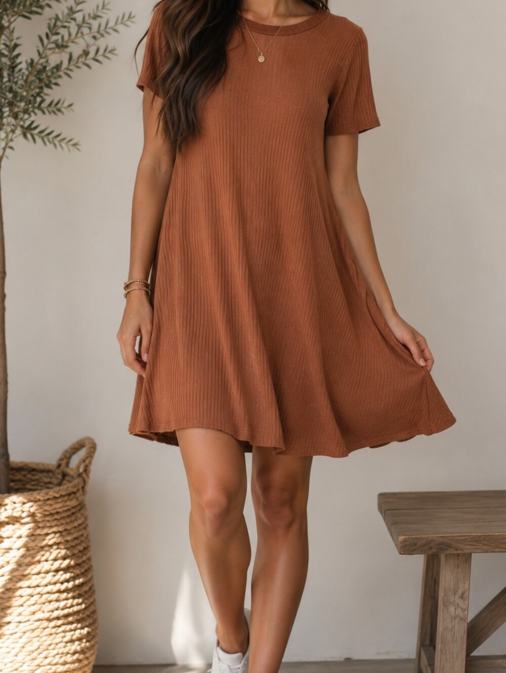 American Eagle Brown Ribbed Short Sleeve Knit Mini Dress S